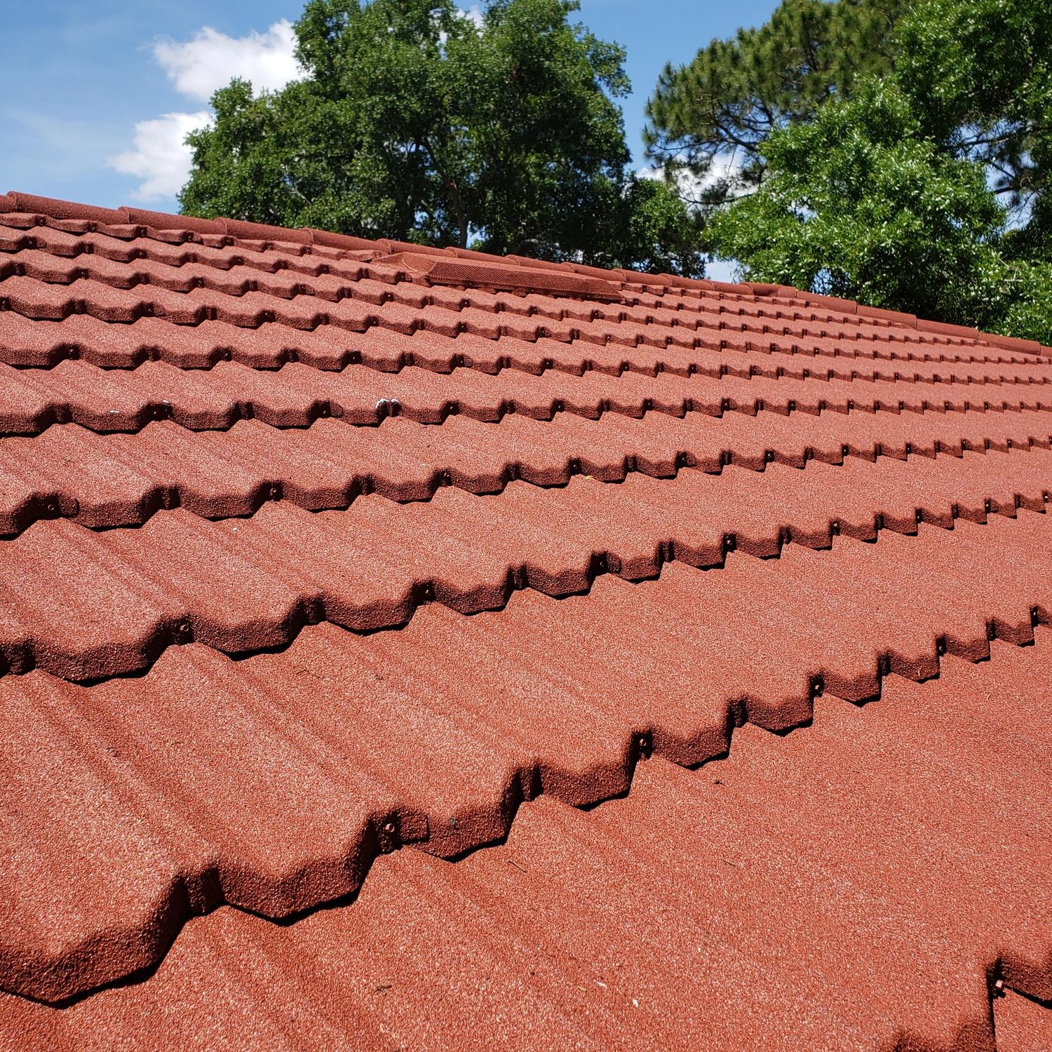 A barrel tile roof in terracotta red under pine trees